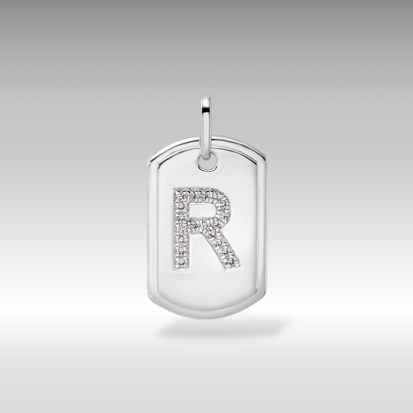 14K White Gold Initial "R" Dog Tag With Genuine Diamonds - Charlie & Co. Jewelry