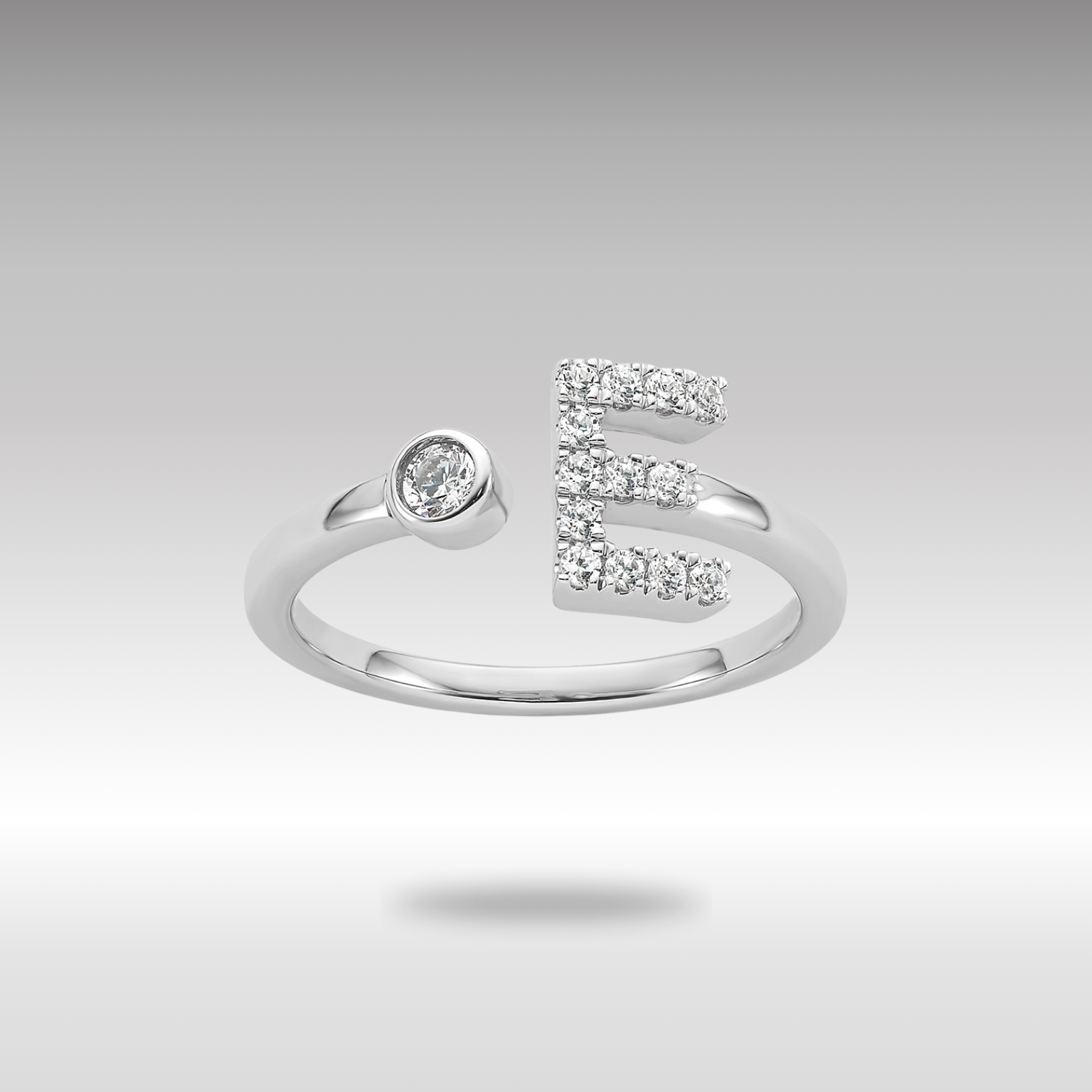 White Gold Lab Grown Diamond VS/SI FGH Initial E Adjustable Ring Model-RM10277E-017-WLG - Charlie & Co. Jewelry