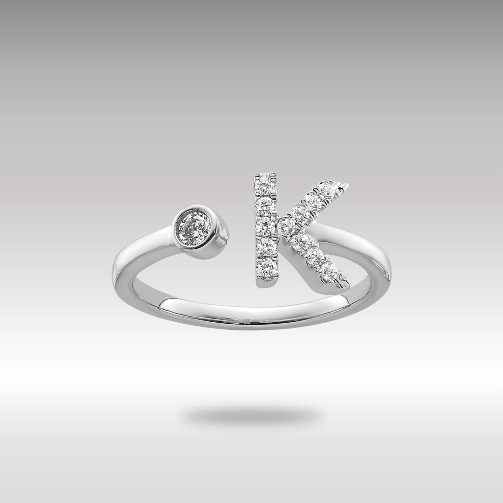 White Gold Lab Grown Diamond VS/SI FGH Initial K Adjustable Ring Model-RM10277K-017-WLG - Charlie & Co. Jewelry