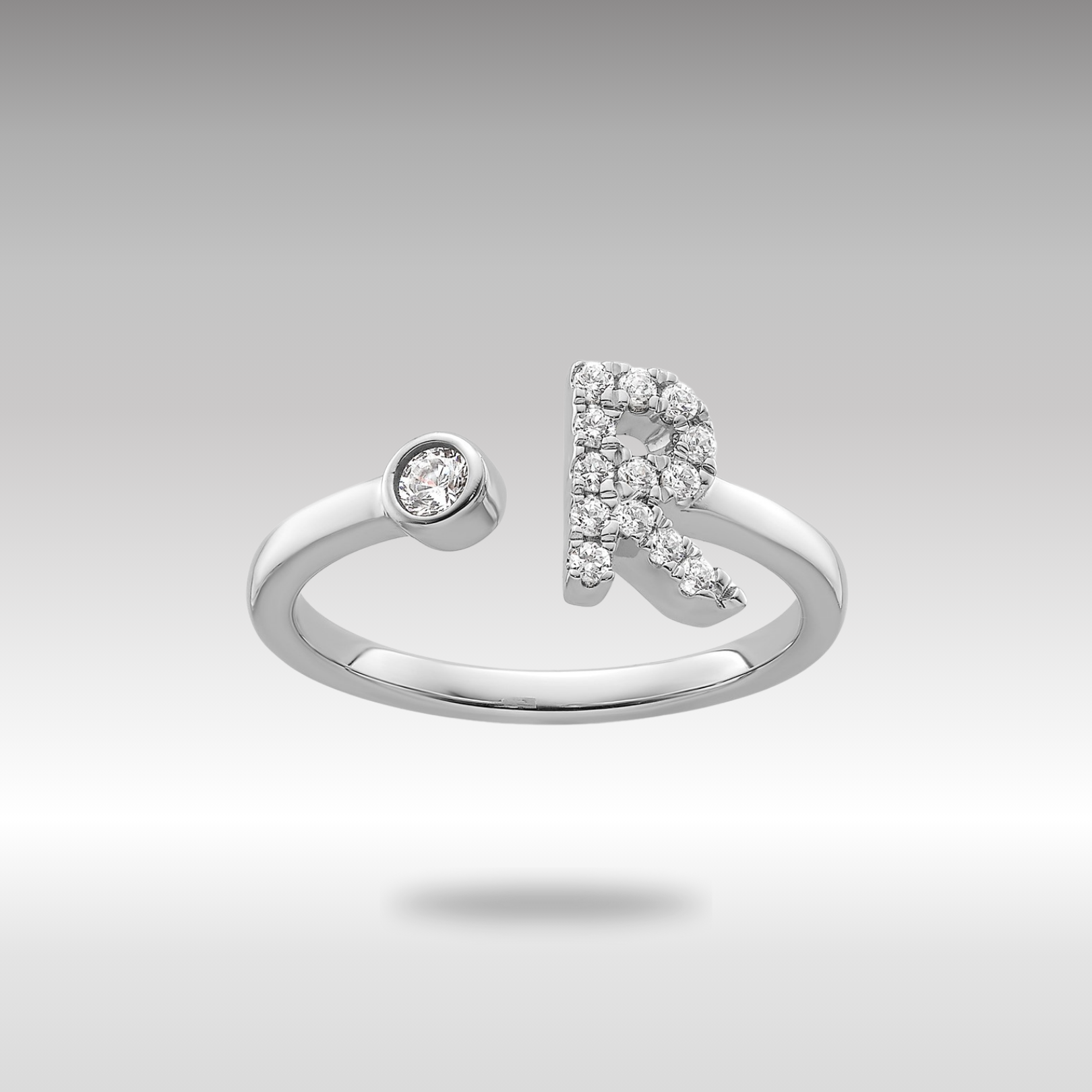 White Gold Lab Grown Diamond VS/SI FGH Initial R Adjustable Ring Model-RM10277R-017-WLG - Charlie & Co. Jewelry