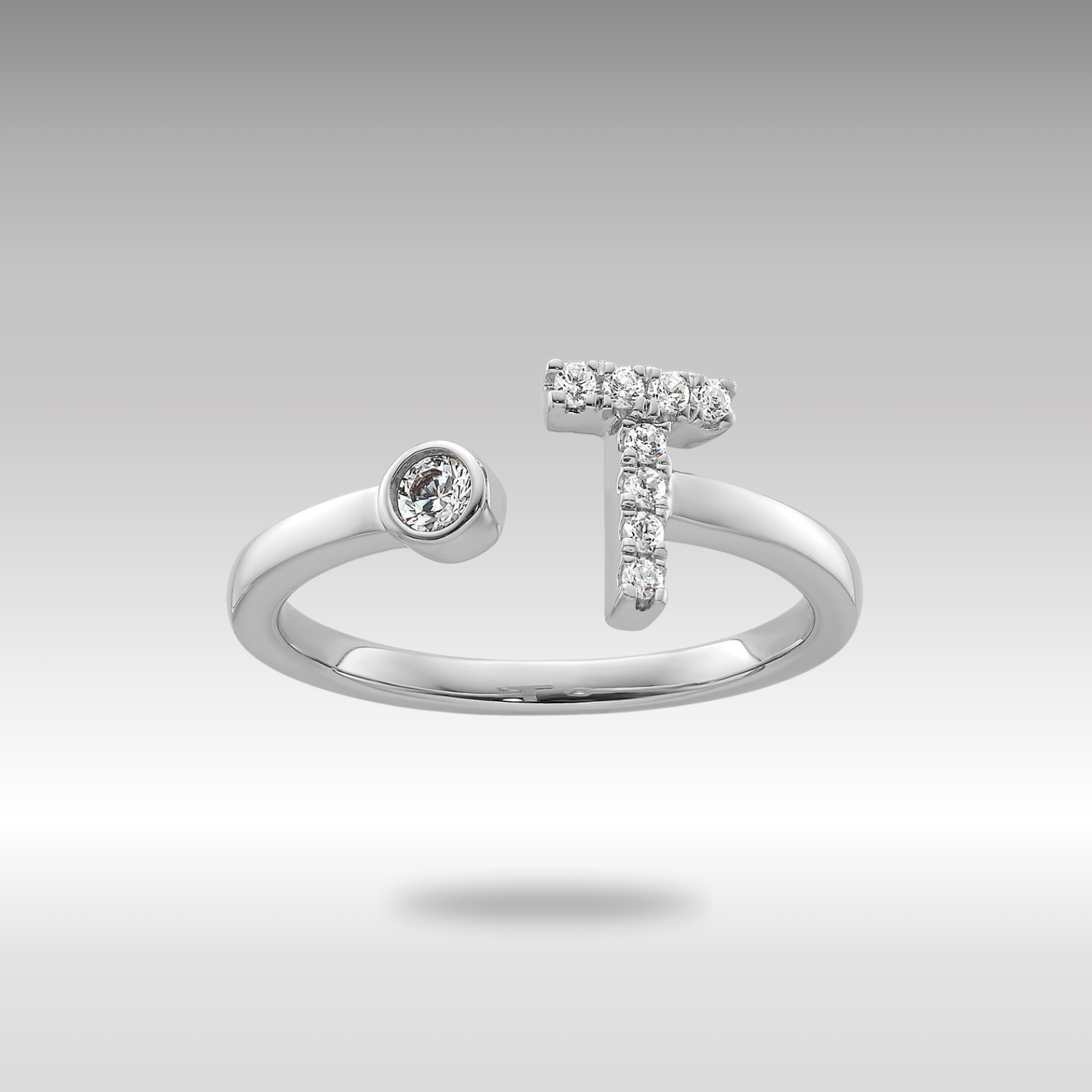 White Gold Lab Grown Diamond VS/SI FGH Initial T Adjustable Ring Model-RM10277T-017-WLG - Charlie & Co. Jewelry