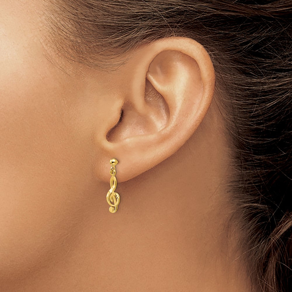 Gold Polished and Diamond-Cut Treble Clef Dangle Post Earrings - Model S1137 - Charlie & Co. Jewelry