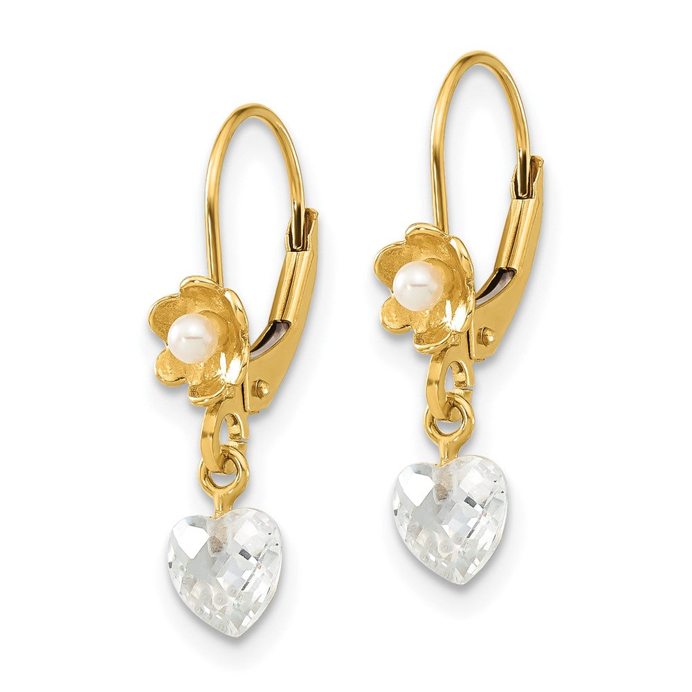 Gold Polished Freshwater Cultured Pearl and CZ Flower Leverback Earrings - Model SE2160 - Charlie & Co. Jewelry