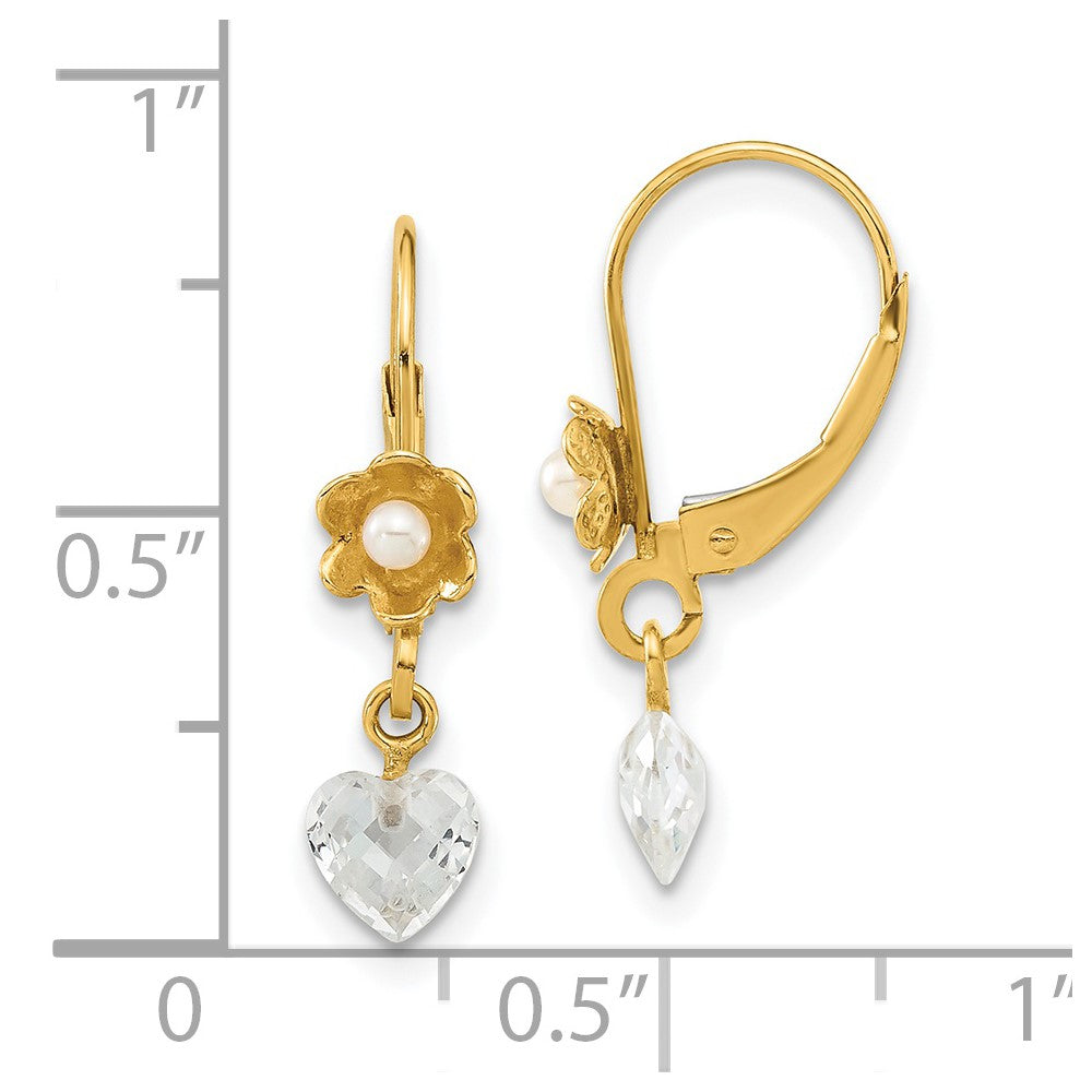 Gold Polished Freshwater Cultured Pearl and CZ Flower Leverback Earrings - Model SE2160 - Charlie & Co. Jewelry