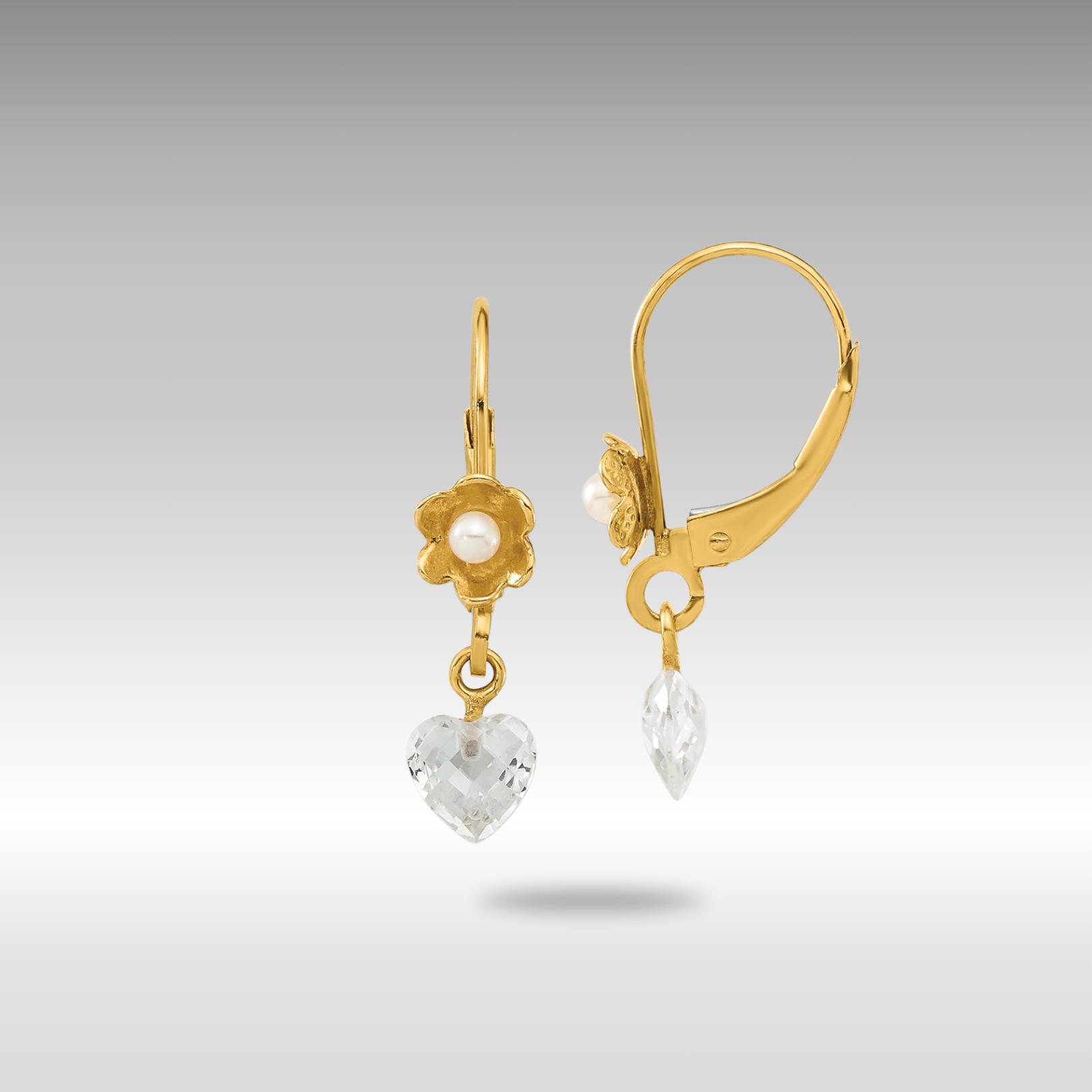 Gold Polished Freshwater Cultured Pearl and CZ Flower Leverback Earrings - Model SE2160 - Charlie & Co. Jewelry