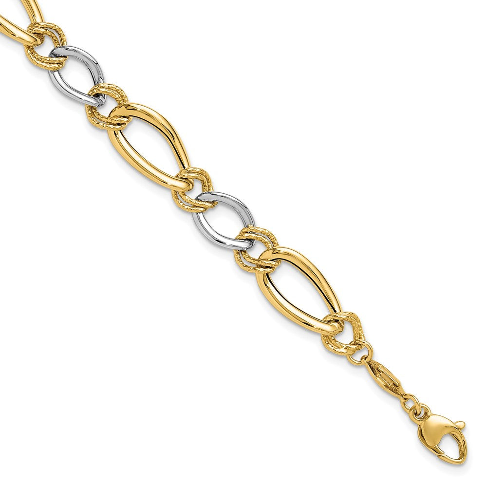 Charlie & Co Jewelry | 14k Two-tone Polished & Textured Fancy Oval Curb Bracelet - Model SF2563