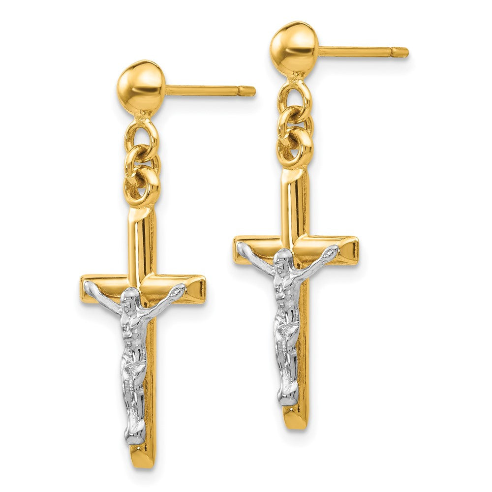 Yellow and White Gold Hollow Dangling Crucifix Earrings Model-TE608 - Charlie & Co. Jewelry