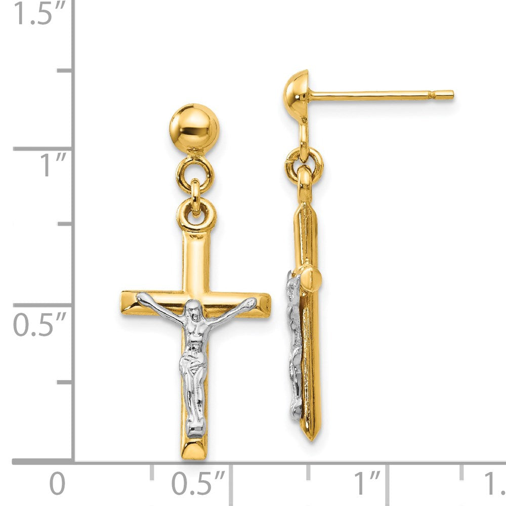 Yellow and White Gold Hollow Dangling Crucifix Earrings Model-TE608 - Charlie & Co. Jewelry