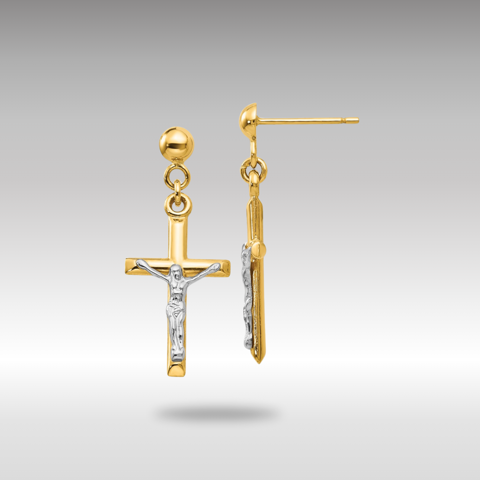 Yellow and White Gold Hollow Dangling Crucifix Earrings Model-TE608 - Charlie & Co. Jewelry