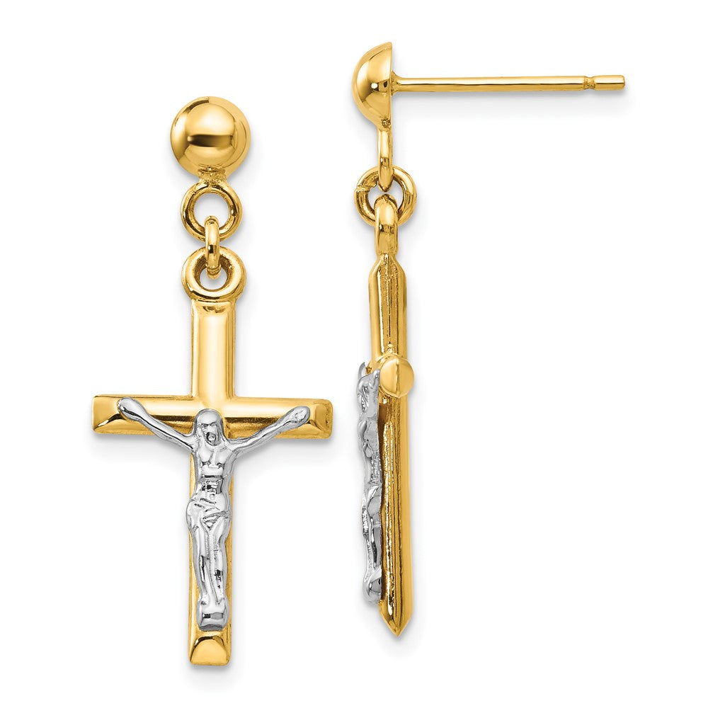 Yellow and White Gold Hollow Dangling Crucifix Earrings Model-TE608 - Charlie & Co. Jewelry