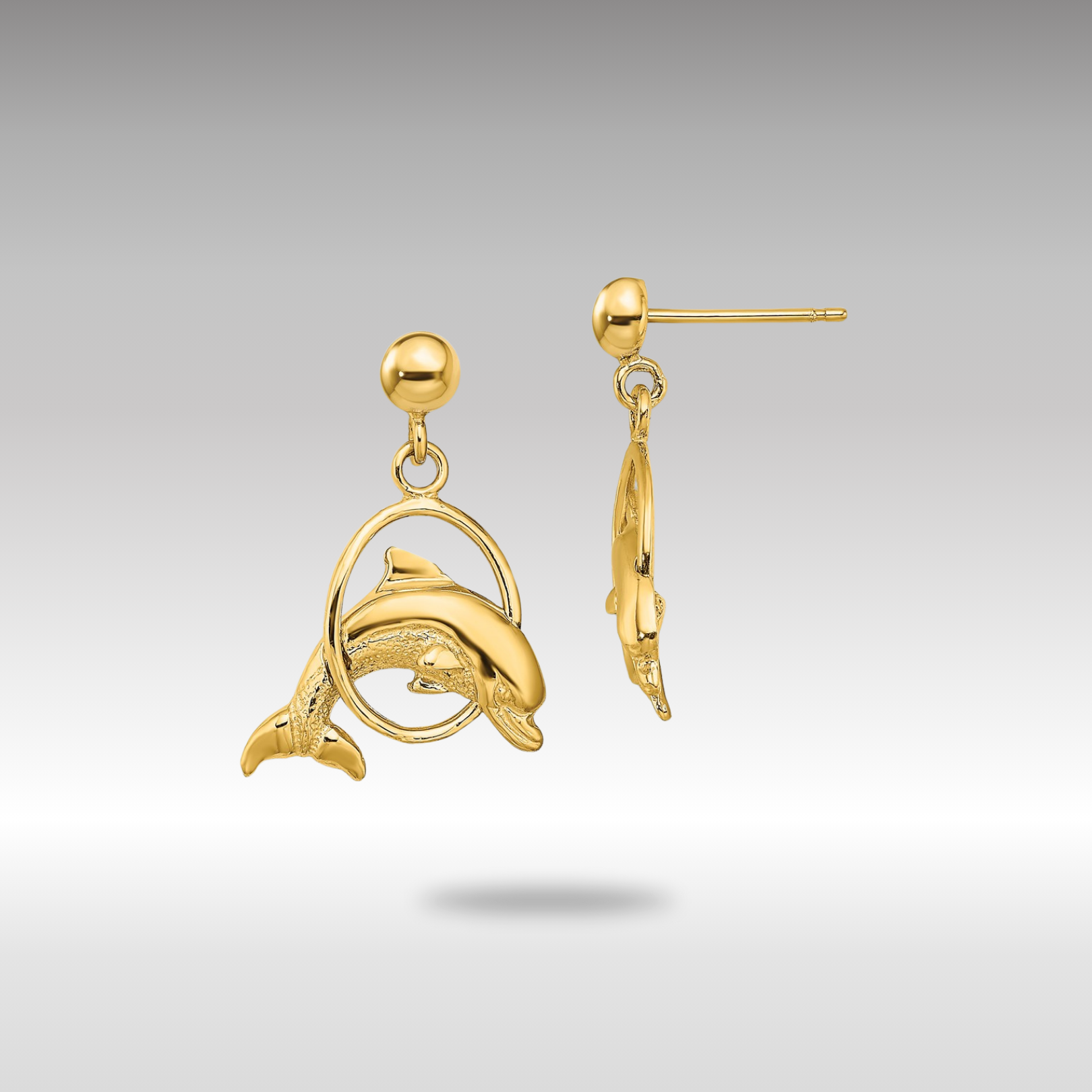 Gold 2-D Polished Dolphin Jumping Through Hoop Earrings - Model TE764 - Charlie & Co. Jewelry