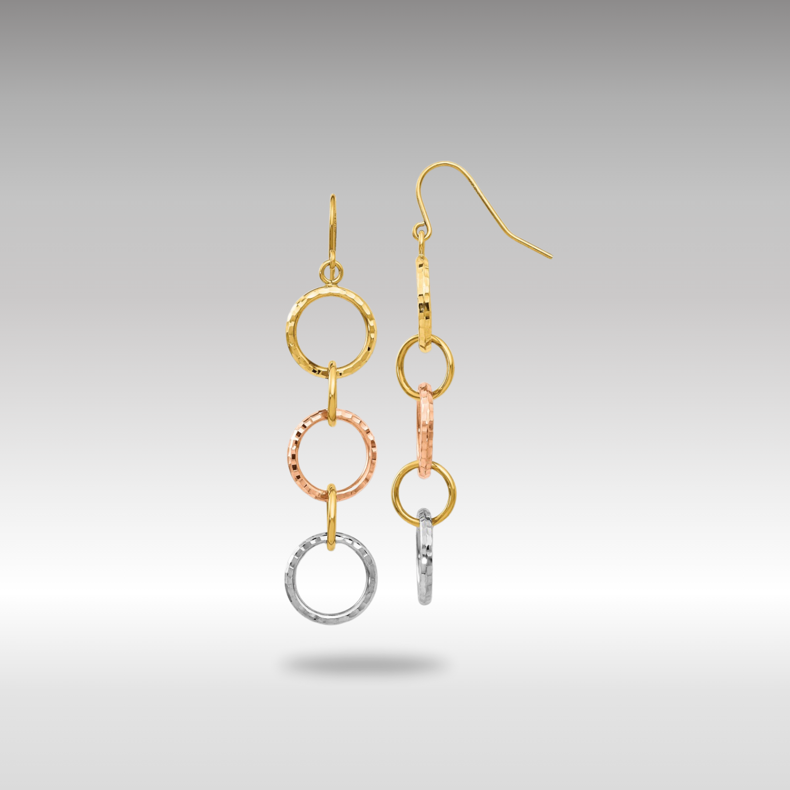 Gold Tri-Color Diamond Cut Circle Dangle Earrings Model-TH521 - Charlie & Co. Jewelry