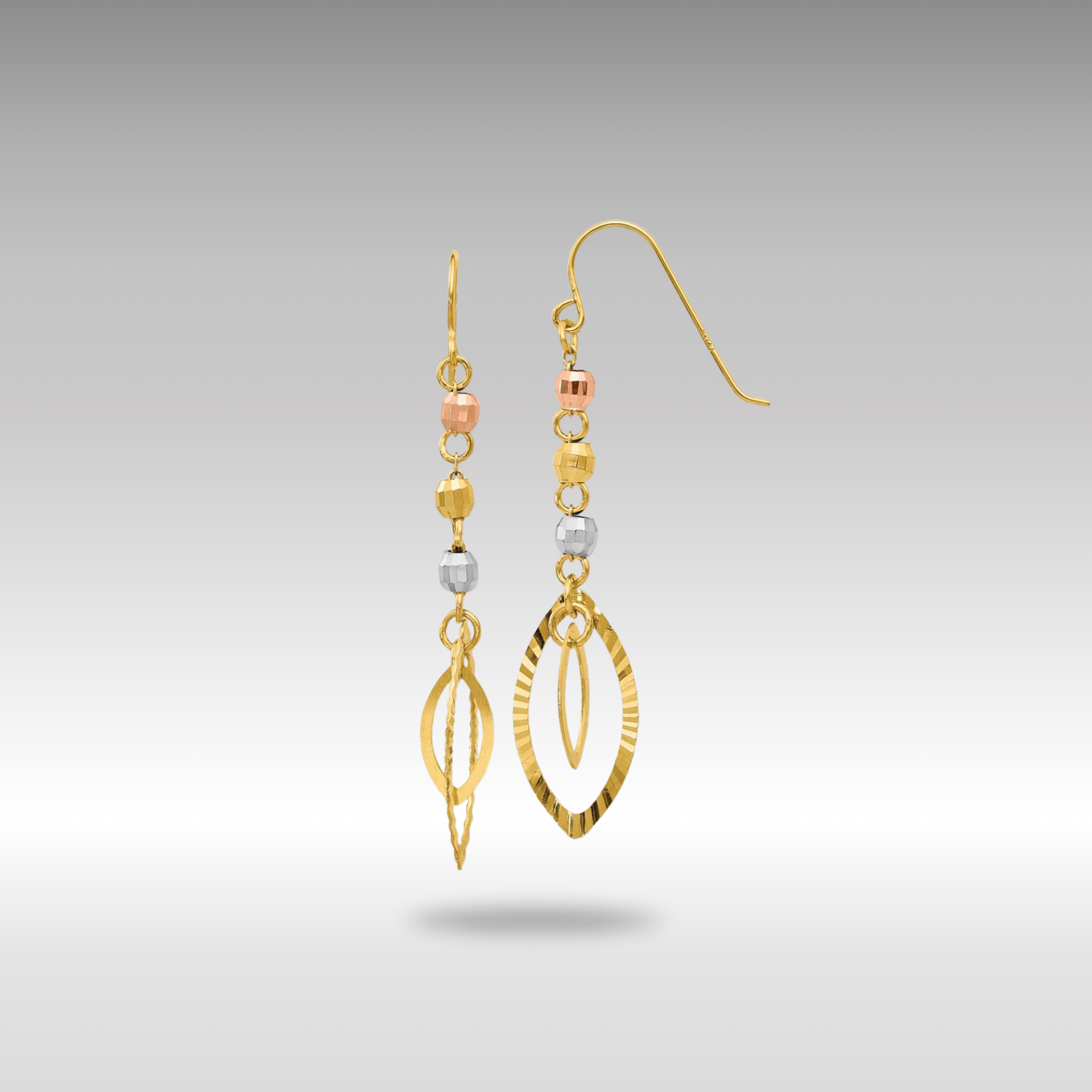 Gold Tri-Color Diamond-cut Bead Oval Dangle Earrings Model-TH539 - Charlie & Co. Jewelry