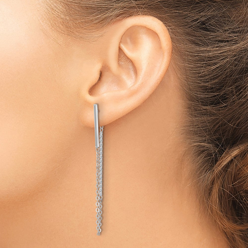 White Gold Polished and Twisted Bar with Chain Post Earrings - Model TH988 - Charlie & Co. Jewelry