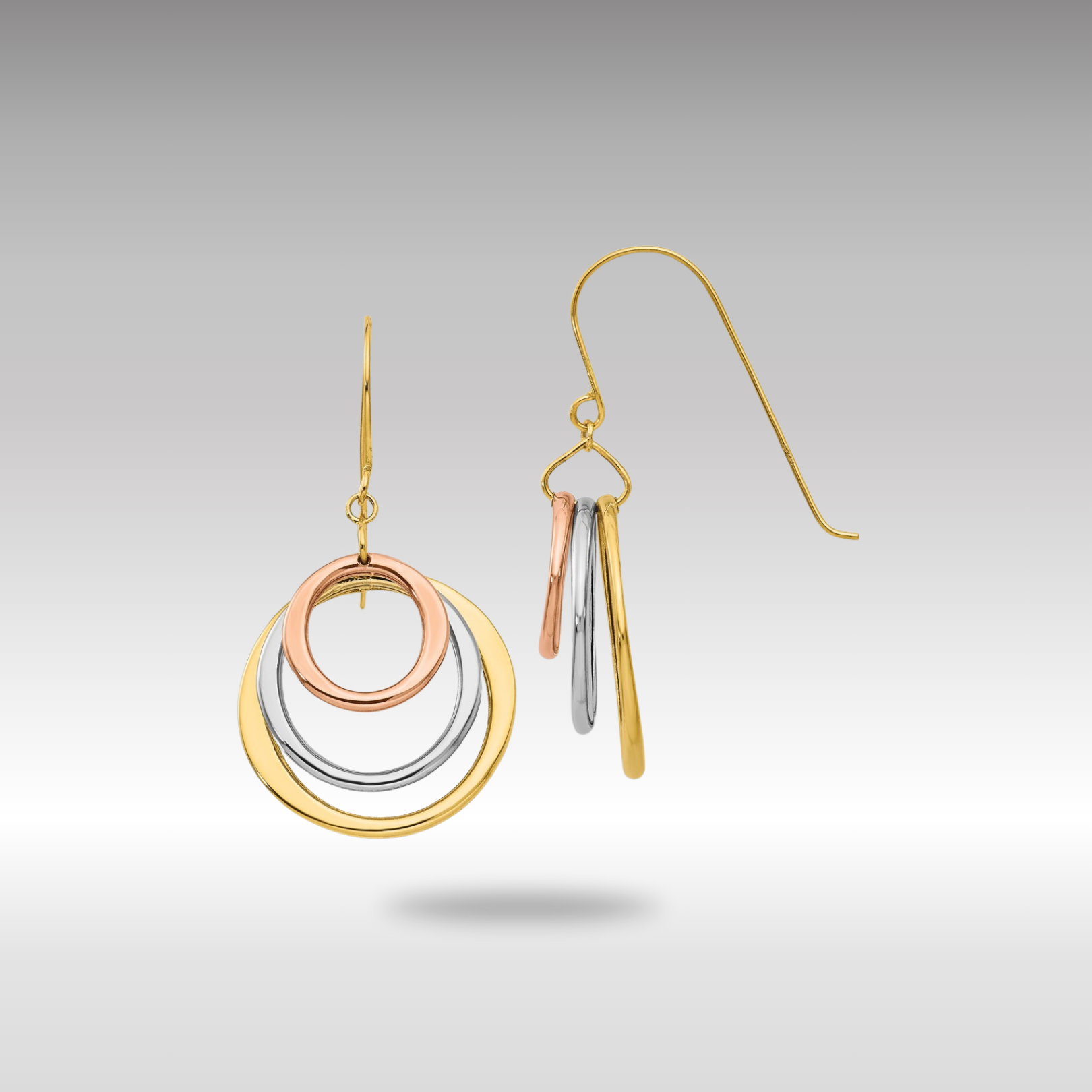 Gold Tri-color Circle Dangle Shepherd Hook Earrings - Model TL812 - Charlie & Co. Jewelry