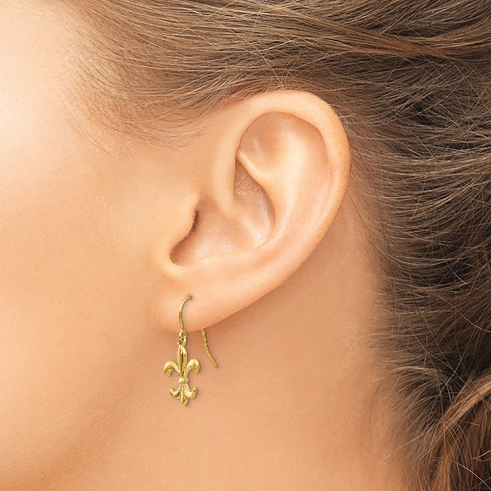 Gold Polished Fleur de lis Dangle Earrings - Model TM791 - Charlie & Co. Jewelry
