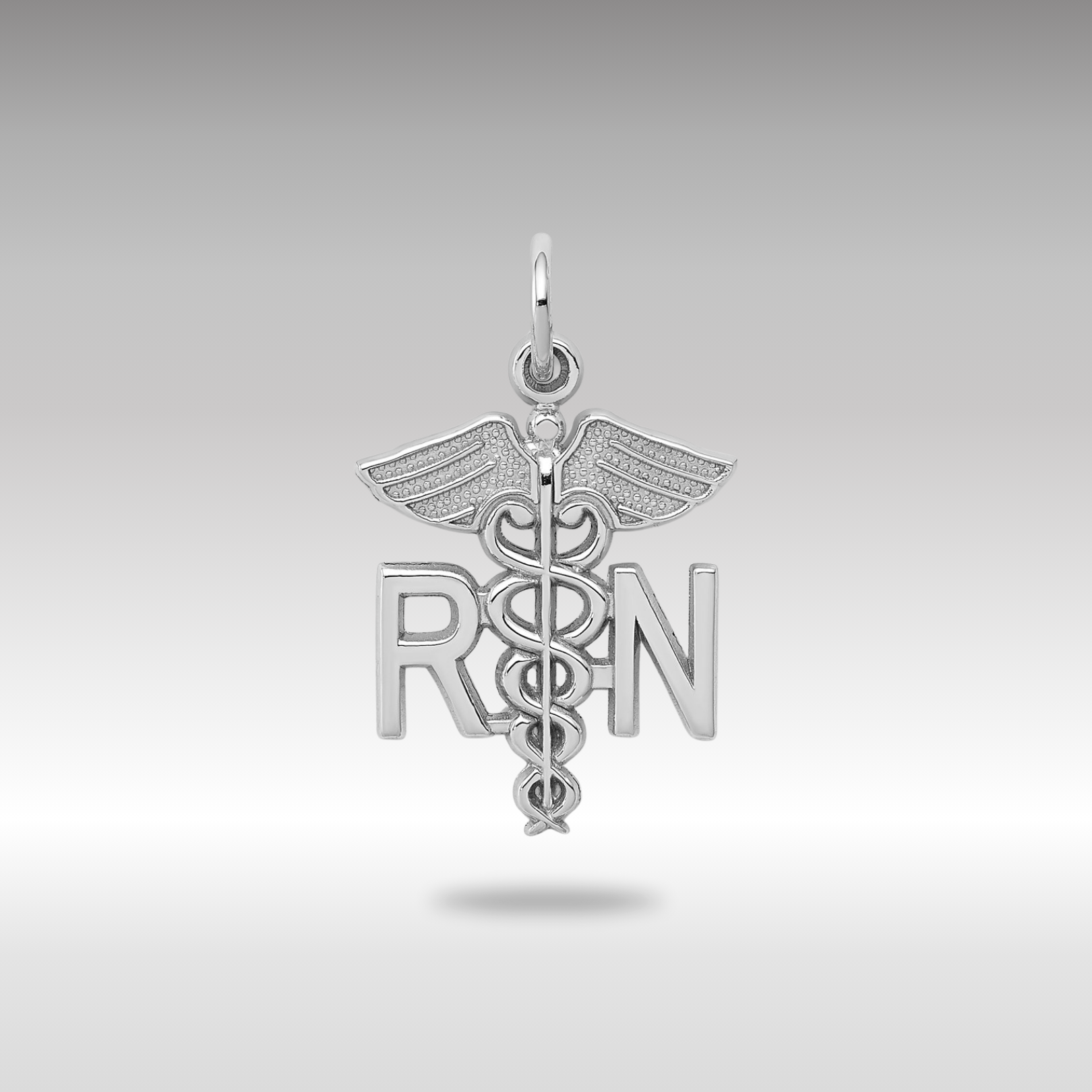 White Gold RN Registered Nurse Charm Necklace Model-WCH57 - Charlie & Co. Jewelry