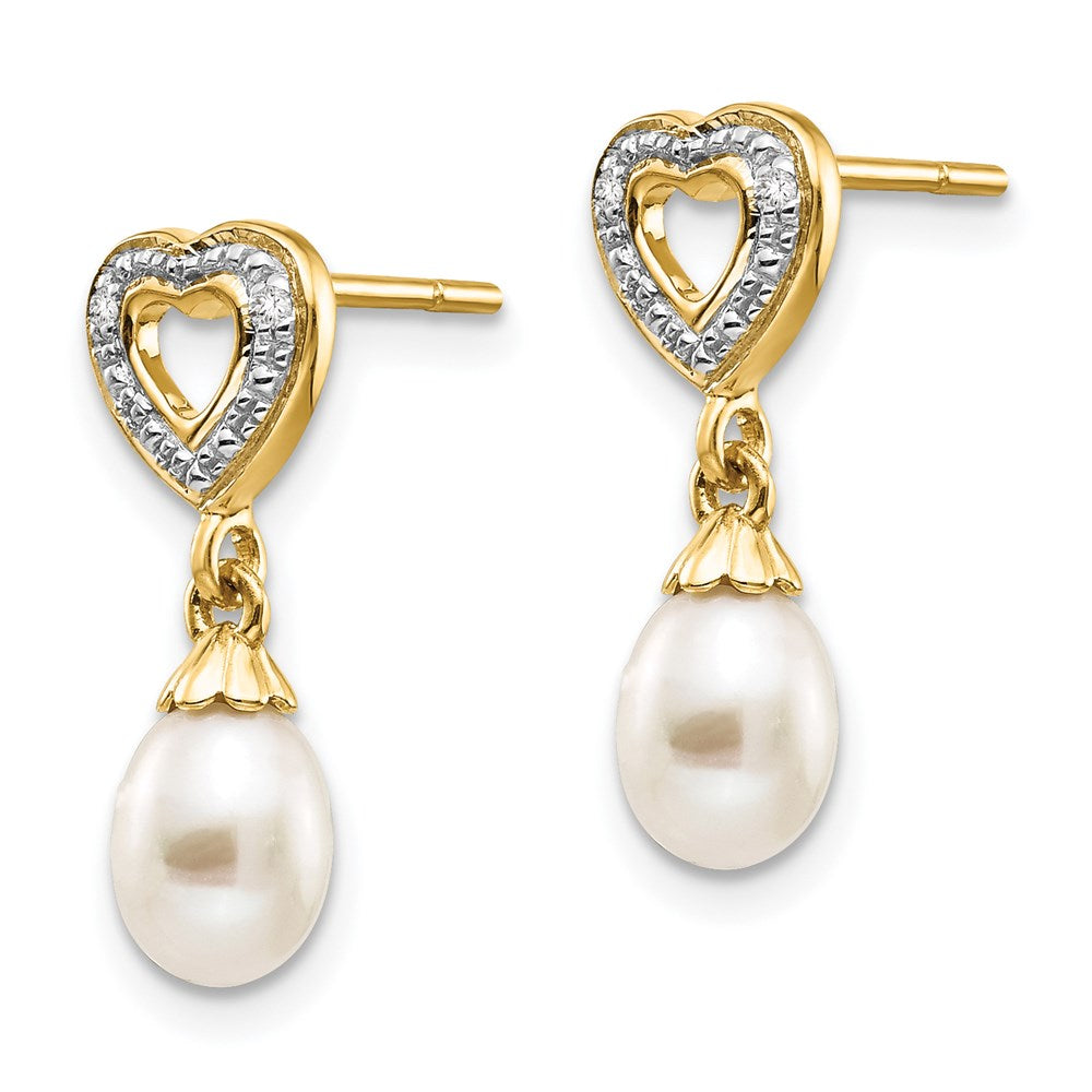 Gold 7x5mm Teardrop FWC Pearl .01ct Heart Diamond Dangle Earrings - Model XE2498AA - Charlie & Co. Jewelry