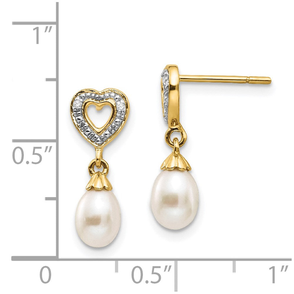 Gold 7x5mm Teardrop FWC Pearl .01ct Heart Diamond Dangle Earrings - Model XE2498AA - Charlie & Co. Jewelry
