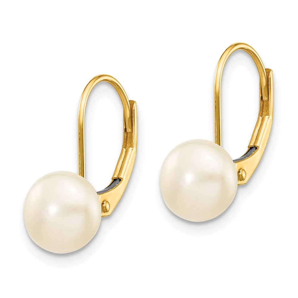 Gold 7-8mm White Button Freshwater Cultured Pearl Leverback Earrings - Model XF246E - Charlie & Co. Jewelry