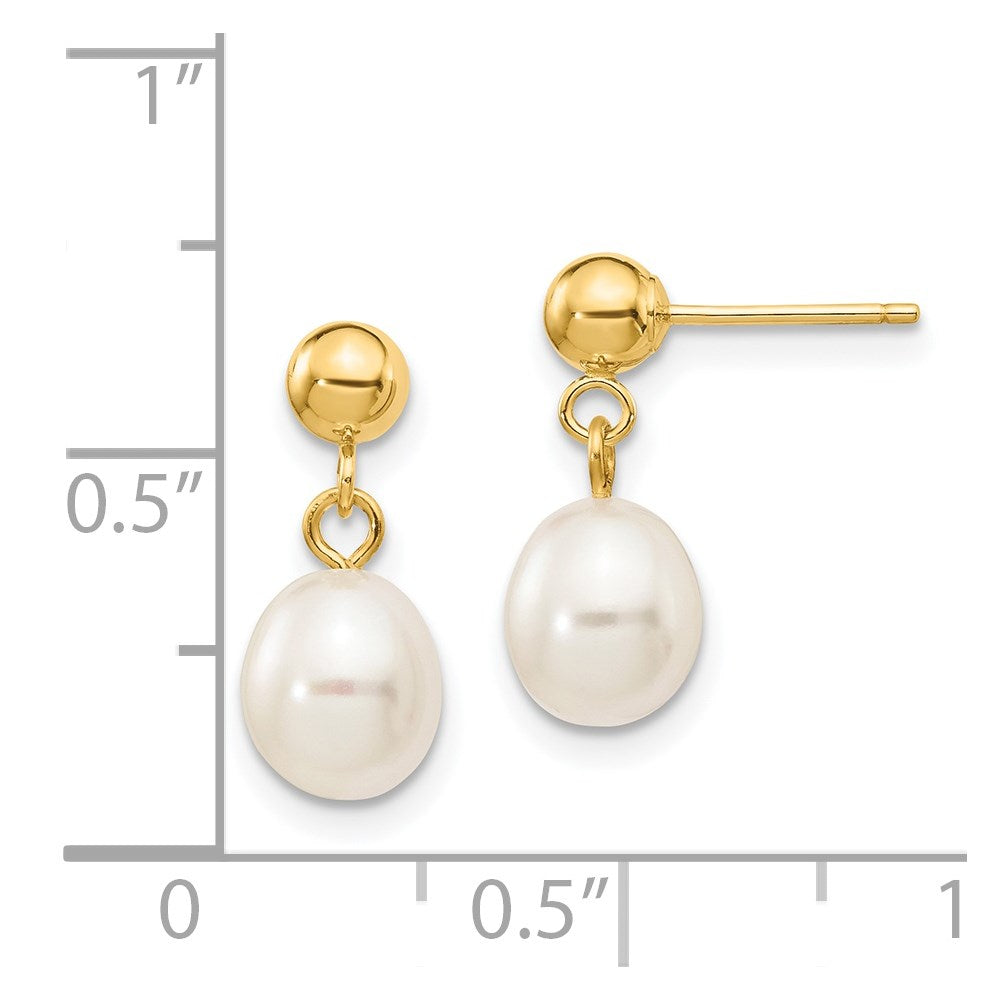Gold 6.5mm Rice Freshwater Cultured Pearl Dangle Post Earrings Model-XF252E - Charlie & Co. Jewelry