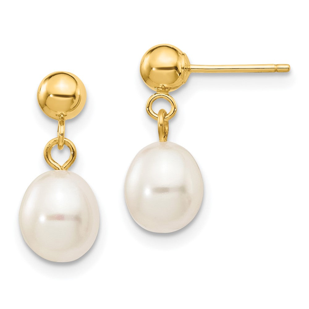 Gold 6.5mm Rice Freshwater Cultured Pearl Dangle Post Earrings Model-XF252E - Charlie & Co. Jewelry