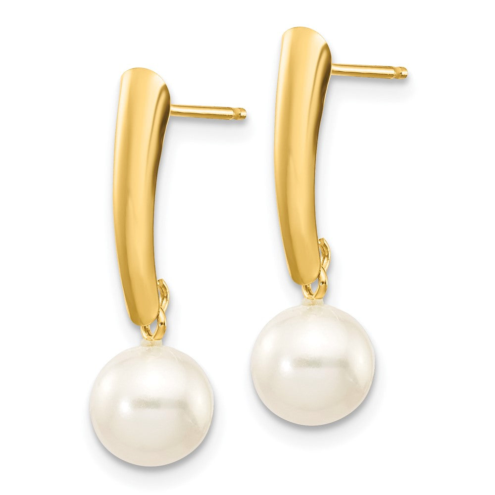 Gold 6-7mm White Round Freshwater Cultured Pearl Dangle Post Earrings Model-XF263E - Charlie & Co. Jewelry