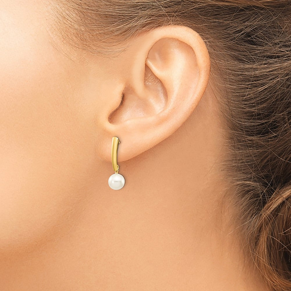 Gold 6-7mm White Round Freshwater Cultured Pearl Dangle Post Earrings Model-XF263E - Charlie & Co. Jewelry
