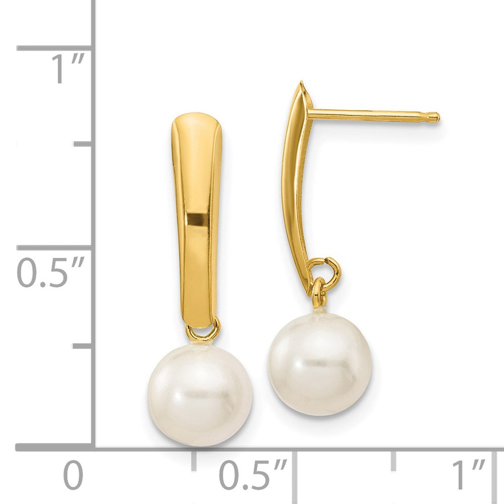 Gold 6-7mm White Round Freshwater Cultured Pearl Dangle Post Earrings Model-XF263E - Charlie & Co. Jewelry