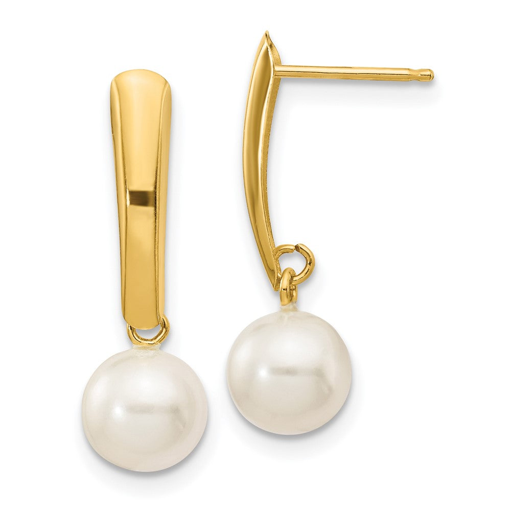Gold 6-7mm White Round Freshwater Cultured Pearl Dangle Post Earrings Model-XF263E - Charlie & Co. Jewelry