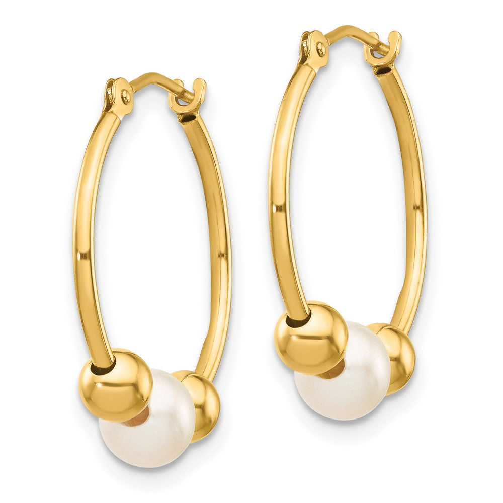 Gold 5-6mm White Semi-round Freshwater Cultured Pearl Polished Hoop Earring Model-XF446E - Charlie & Co. Jewelry