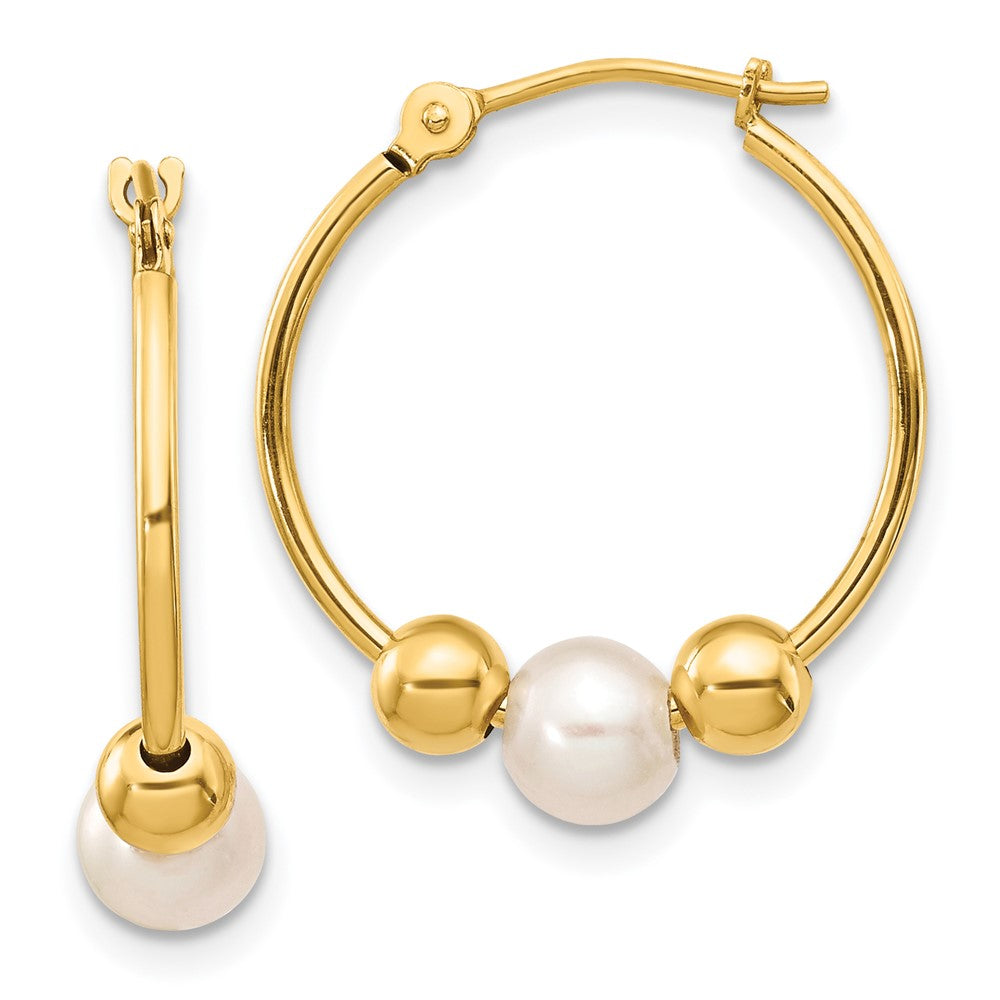 Gold 5-6mm White Semi-round Freshwater Cultured Pearl Polished Hoop Earring Model-XF446E - Charlie & Co. Jewelry