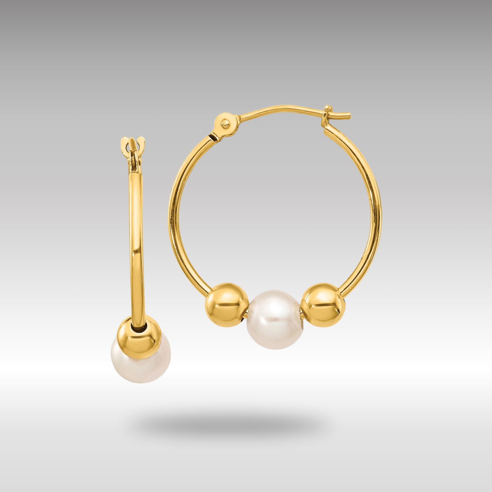 Gold 5-6mm White Semi-round Freshwater Cultured Pearl Polished Hoop Earring Model-XF446E - Charlie & Co. Jewelry