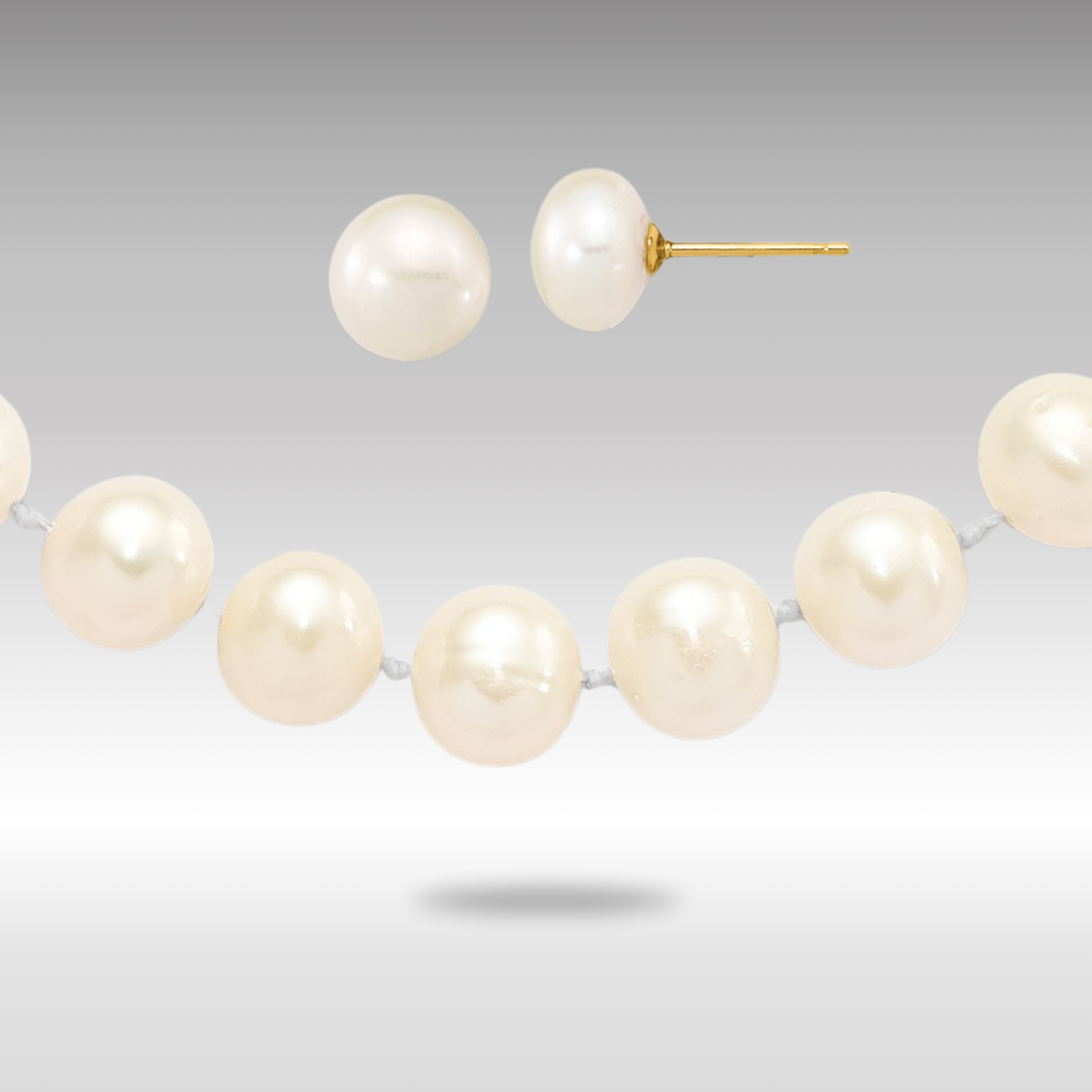 Gold 7-8mm Near Round White FWC Pearl Necklace and Button Earring Set - Model XF497WSET - Charlie & Co. Jewelry