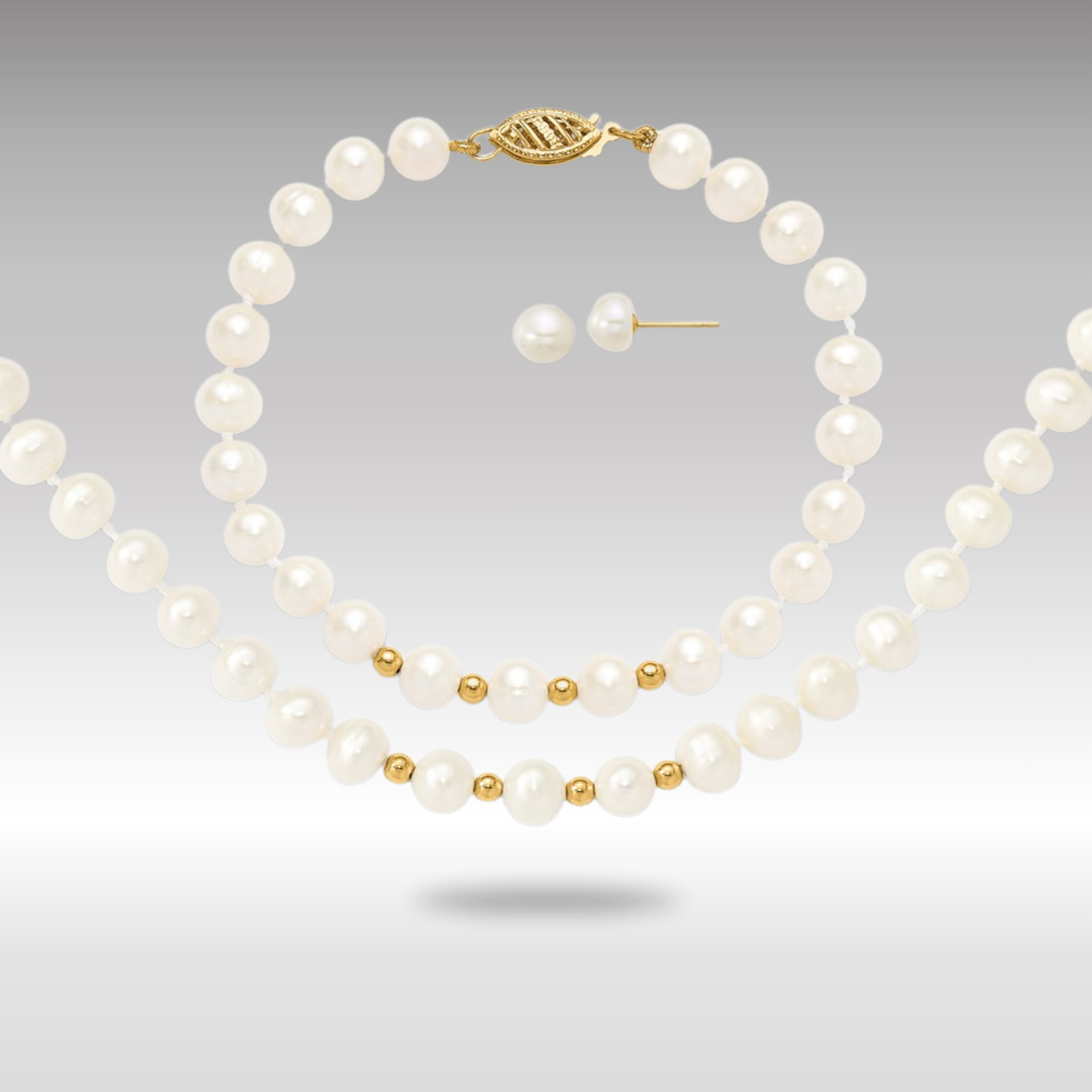 Gold 6-7mm White FW Cultured Pearl 18in. Necklace 7.25 Bracelet Earring Set - Model XF500SET - Charlie & Co. Jewelry