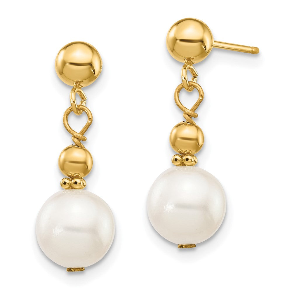 Gold 7-8mm White Semi-round Freshwater Cultured Pearl Dangle Post Earrings Model-XF564 - Charlie & Co. Jewelry