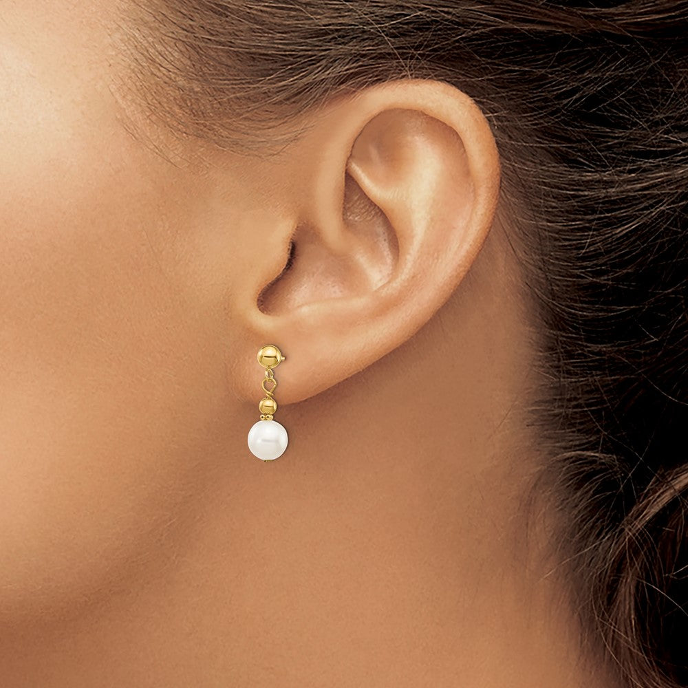 Gold 7-8mm White Semi-round Freshwater Cultured Pearl Dangle Post Earrings Model-XF564 - Charlie & Co. Jewelry