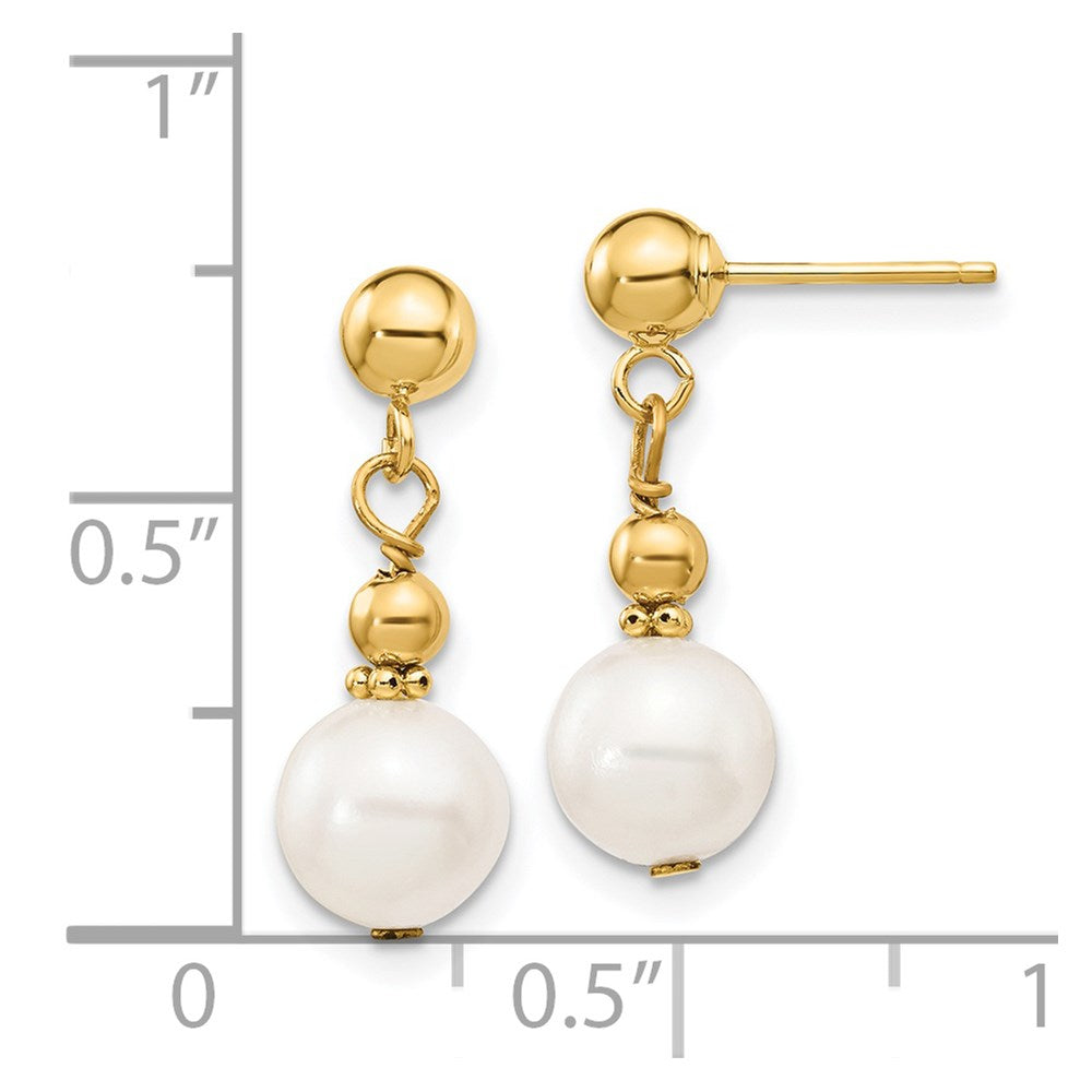 Gold 7-8mm White Semi-round Freshwater Cultured Pearl Dangle Post Earrings Model-XF564 - Charlie & Co. Jewelry