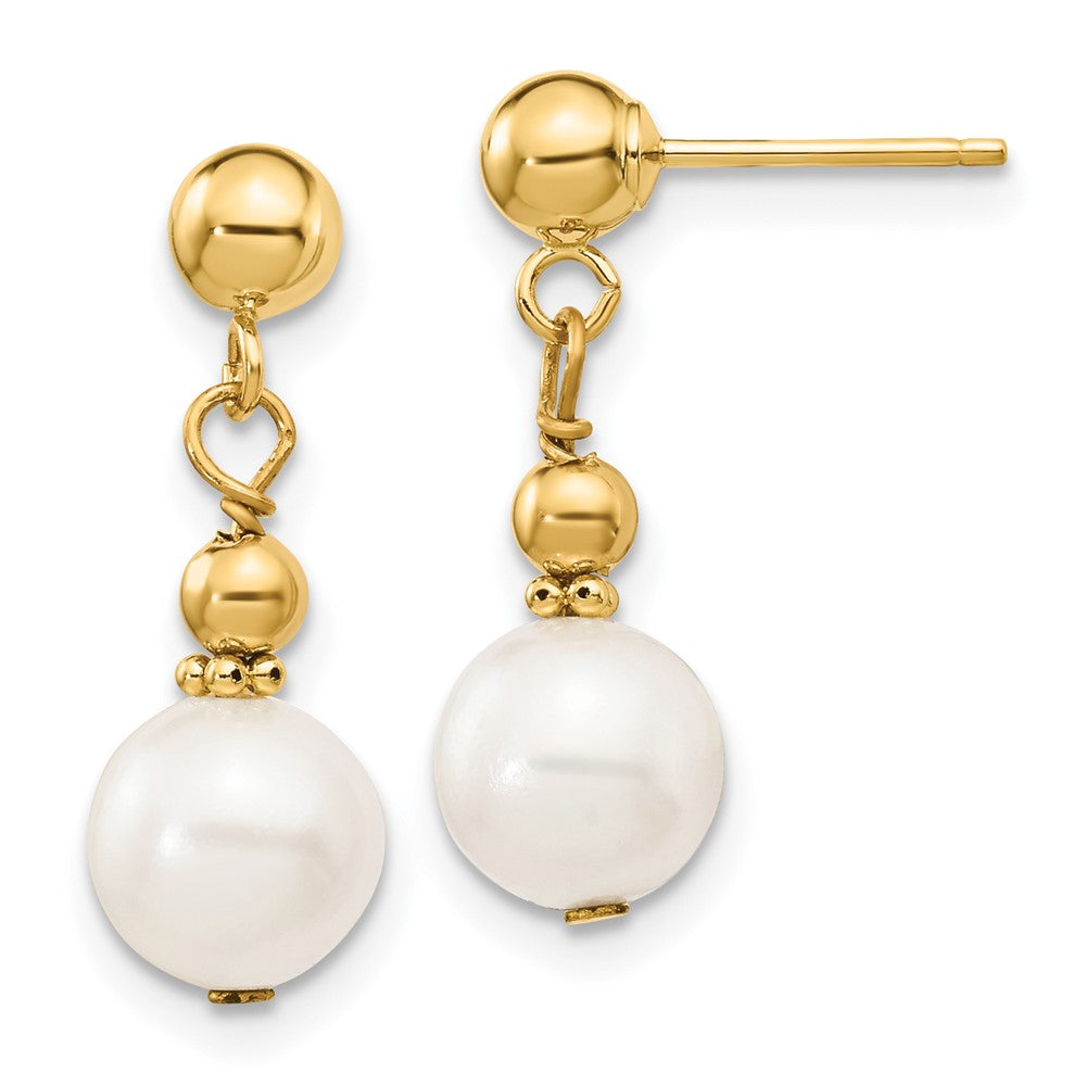 Gold 7-8mm White Semi-round Freshwater Cultured Pearl Dangle Post Earrings Model-XF564 - Charlie & Co. Jewelry