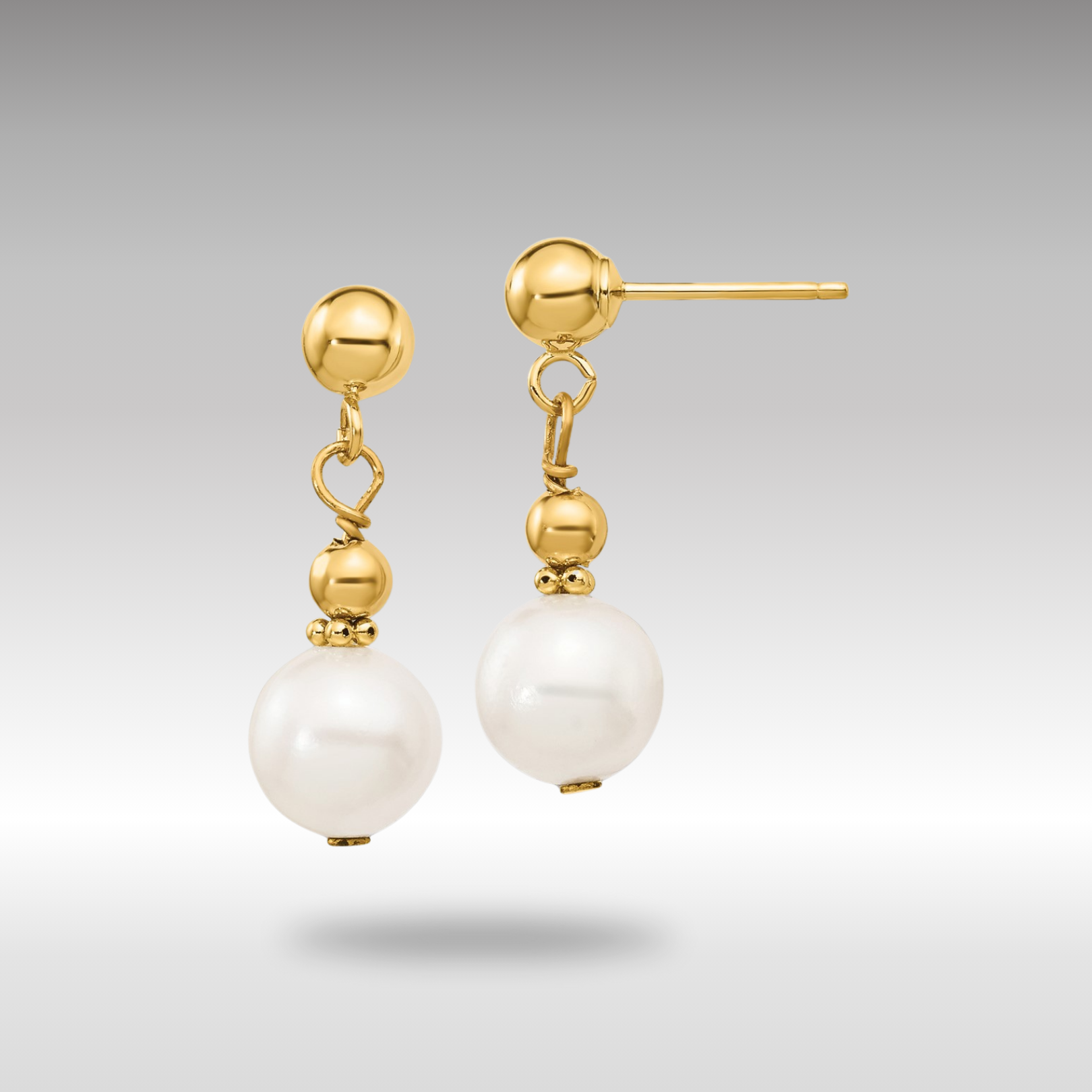 Gold 7-8mm White Semi-round Freshwater Cultured Pearl Dangle Post Earrings Model-XF564 - Charlie & Co. Jewelry