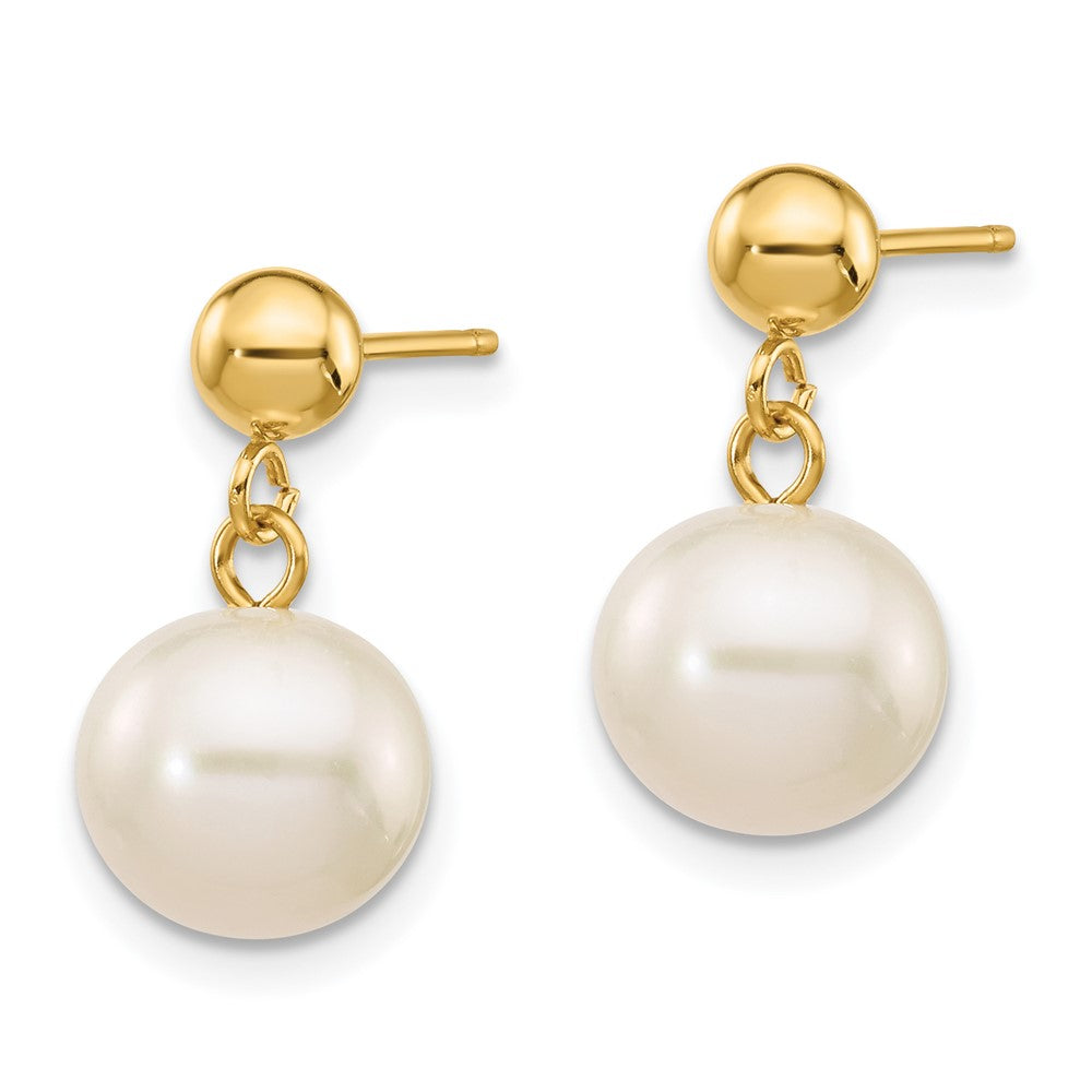 Gold 8-8.5mm White Round Freshwater Cultured Pearl Dangle Post Earrings - Model XF570 - Charlie & Co. Jewelry