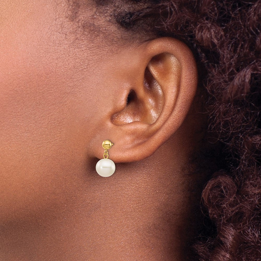 Gold 8-8.5mm White Round Freshwater Cultured Pearl Dangle Post Earrings - Model XF570 - Charlie & Co. Jewelry