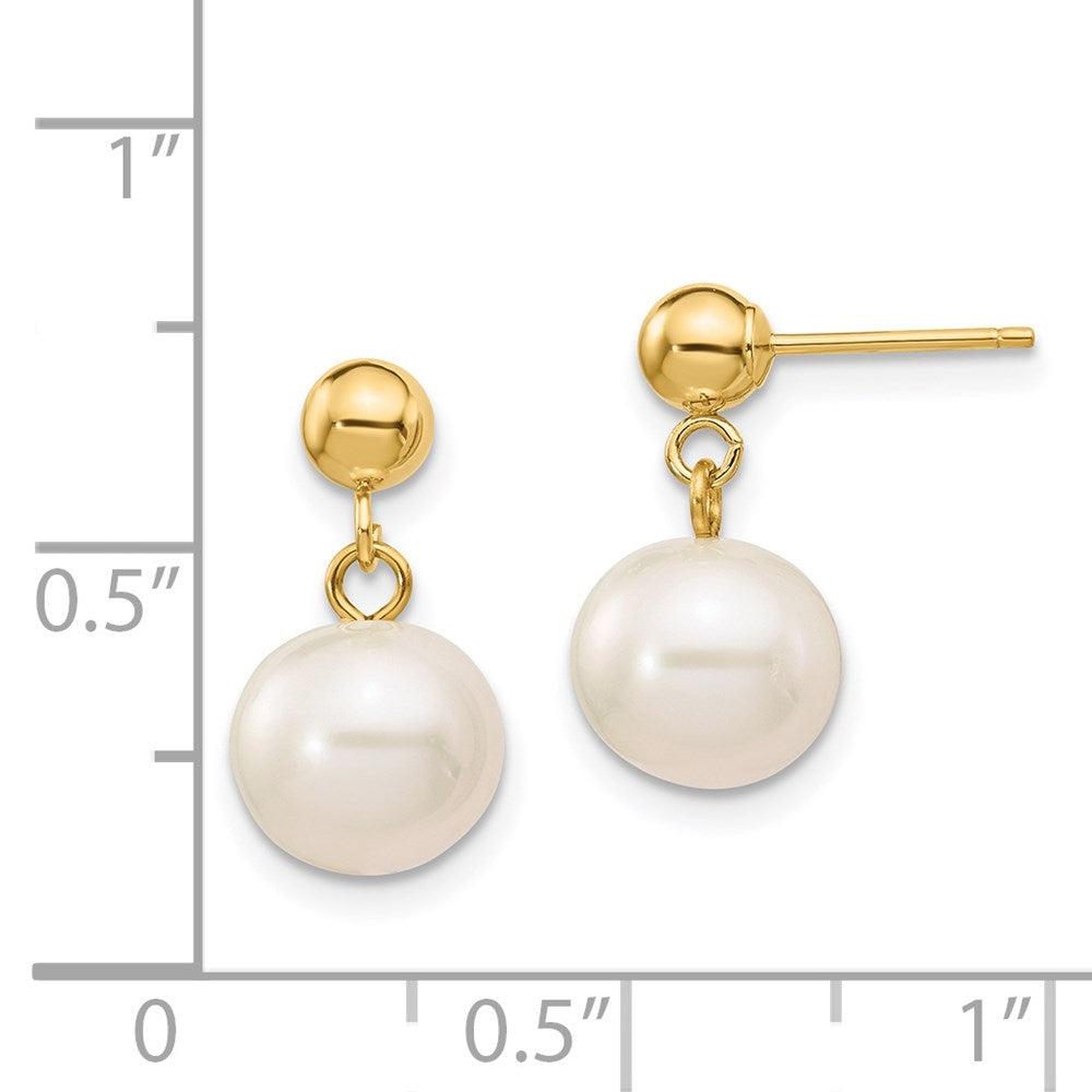 Gold 8-8.5mm White Round Freshwater Cultured Pearl Dangle Post Earrings - Model XF570 - Charlie & Co. Jewelry