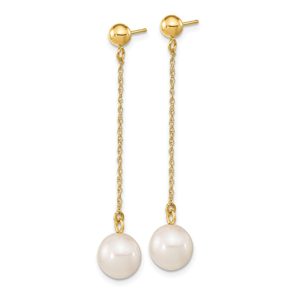 Gold 7-8mm White Round Freshwater Cultured Pearl Dangle Post Earrings Model-XF652E - Charlie & Co. Jewelry