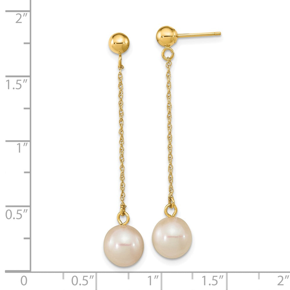 Gold 7-8mm White Round Freshwater Cultured Pearl Dangle Post Earrings Model-XF652E - Charlie & Co. Jewelry