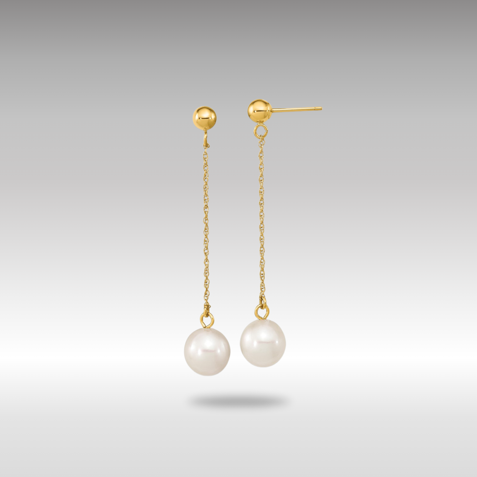 Gold 7-8mm White Round Freshwater Cultured Pearl Dangle Post Earrings Model-XF652E - Charlie & Co. Jewelry