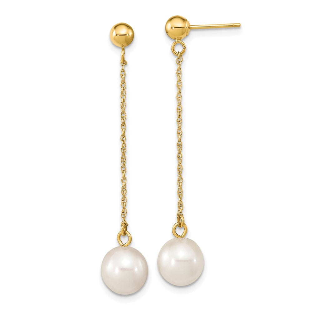 Gold 7-8mm White Round Freshwater Cultured Pearl Dangle Post Earrings Model-XF652E - Charlie & Co. Jewelry