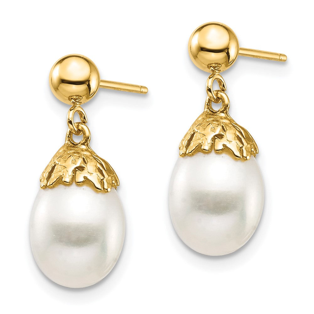 Gold 7-8mm White Rice Freshwater Cultured Pearl Dangle Post Earrings - Model XF693E - Charlie & Co. Jewelry