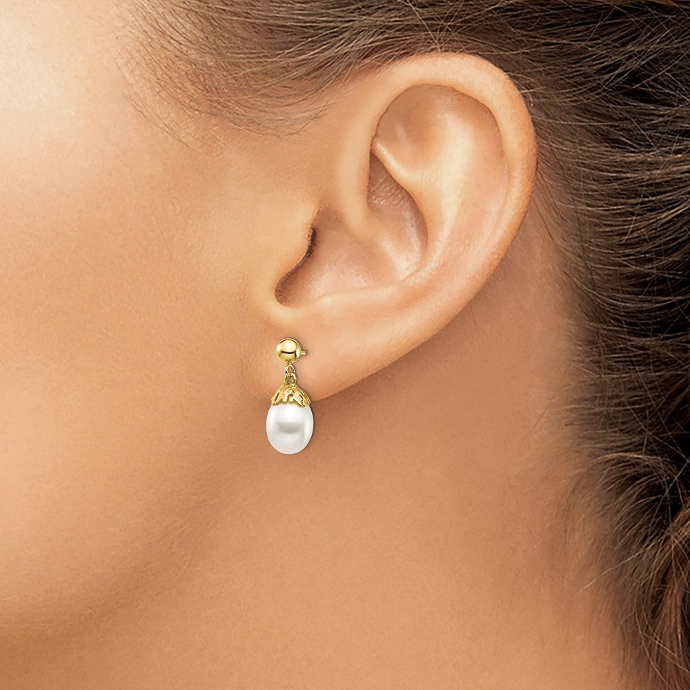 Gold 7-8mm White Rice Freshwater Cultured Pearl Dangle Post Earrings - Model XF693E - Charlie & Co. Jewelry