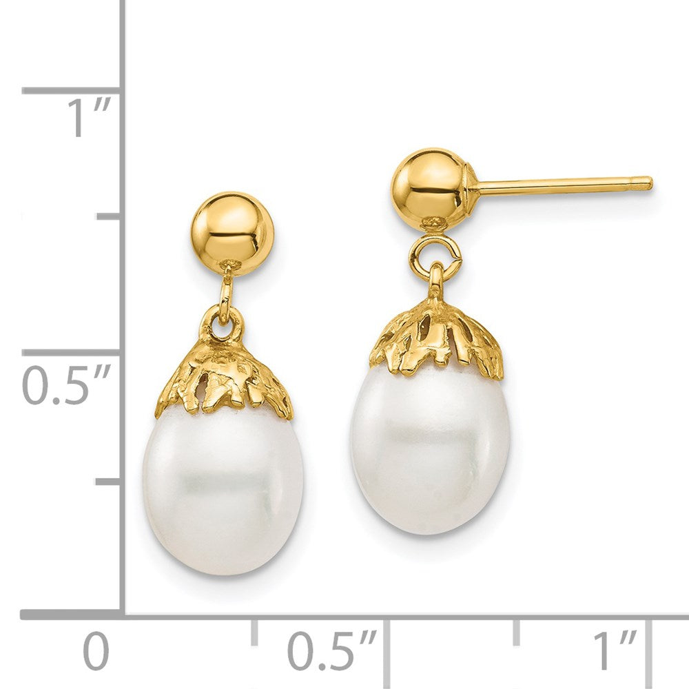 Gold 7-8mm White Rice Freshwater Cultured Pearl Dangle Post Earrings - Model XF693E - Charlie & Co. Jewelry